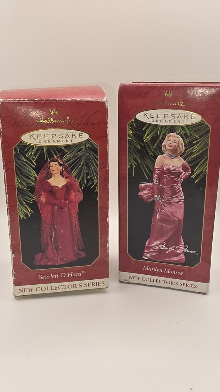 2 Hallmark Keepsake Ornaments 1997 Marilyn Monroe Pink Dress + Scarlett O'Hara